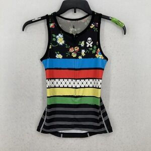 Betty Designs Womens XS Sleeveless Cycling Jersey Skull Floral Stripe Rainbow